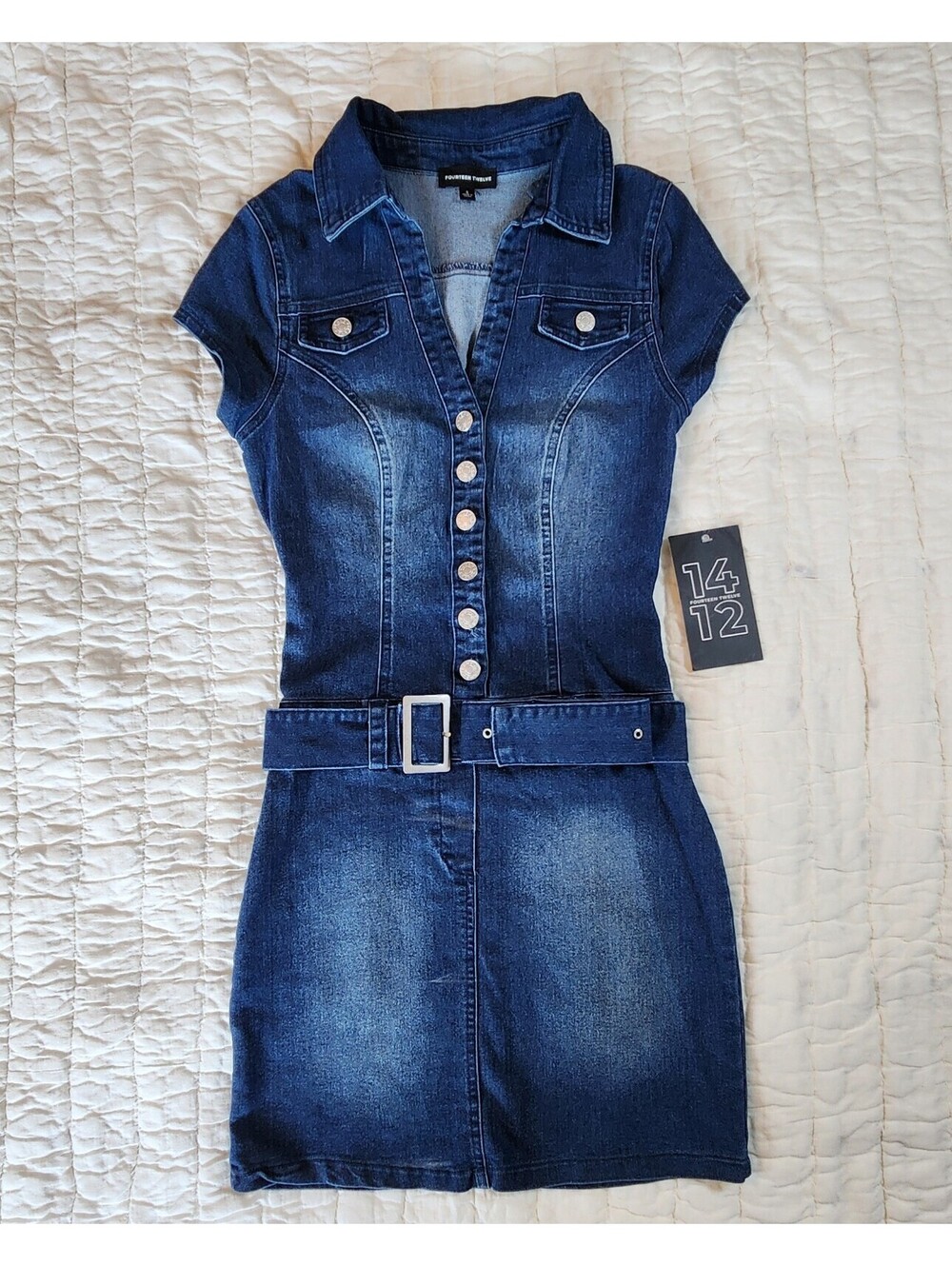 1412 Belted Denim Mini Dress Dark Wash Short Sleeve Y2K Size Small
